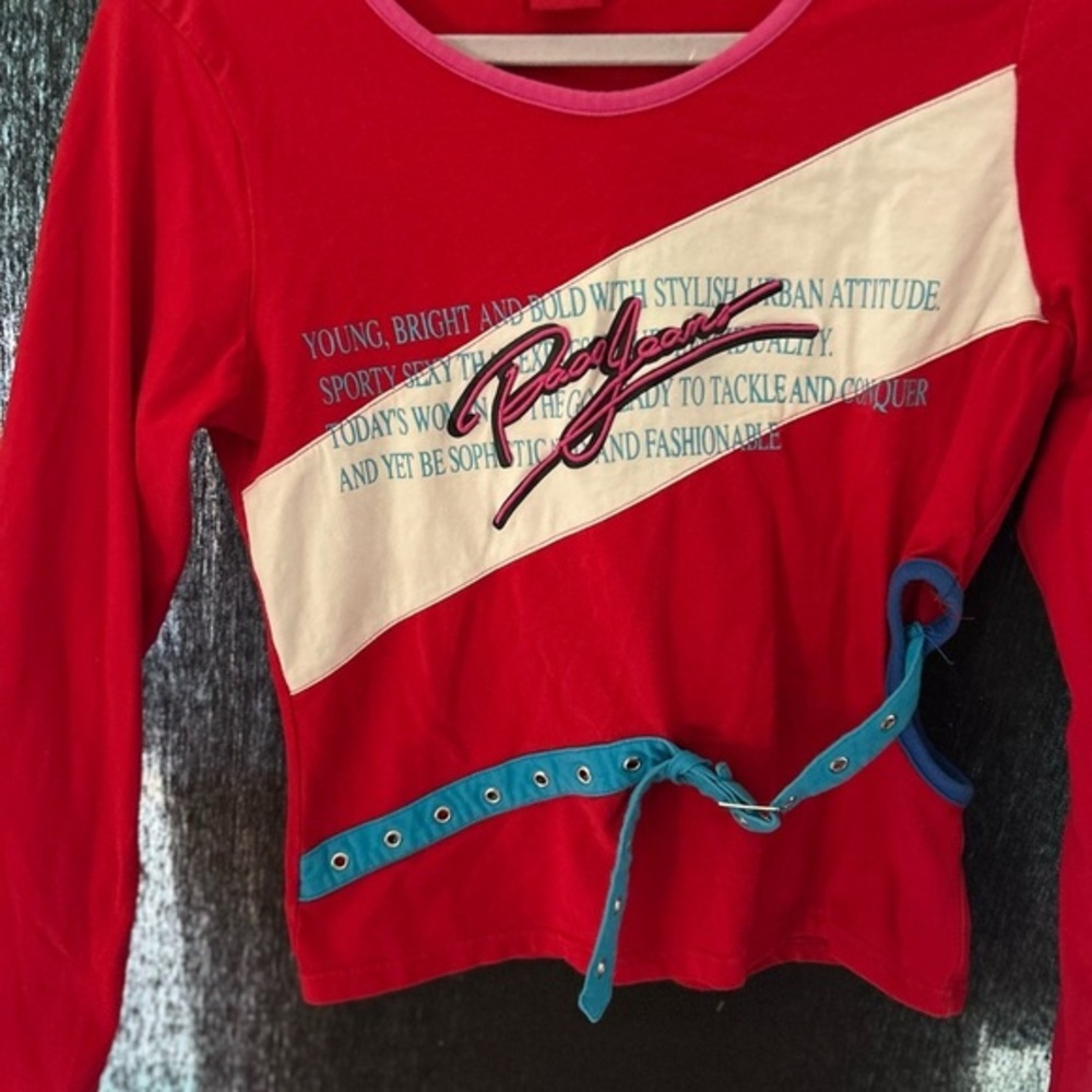 Vintage paco jeans Red and Blue Long Sleeve Top with belt and cutout detail